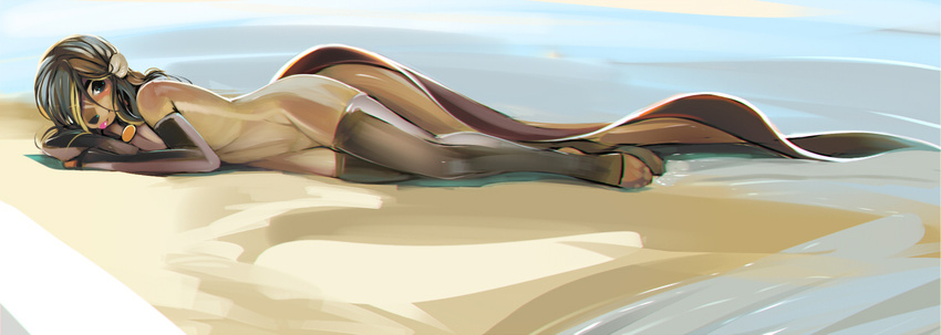 arm_warmers beach blue_eyes brown_hair clothed clothing dunkleosteus female hair legwear long_tail looking_at_viewer lying mammal mikhaila mustelid otter outside seaside skimpy solo stockings tsampikos water