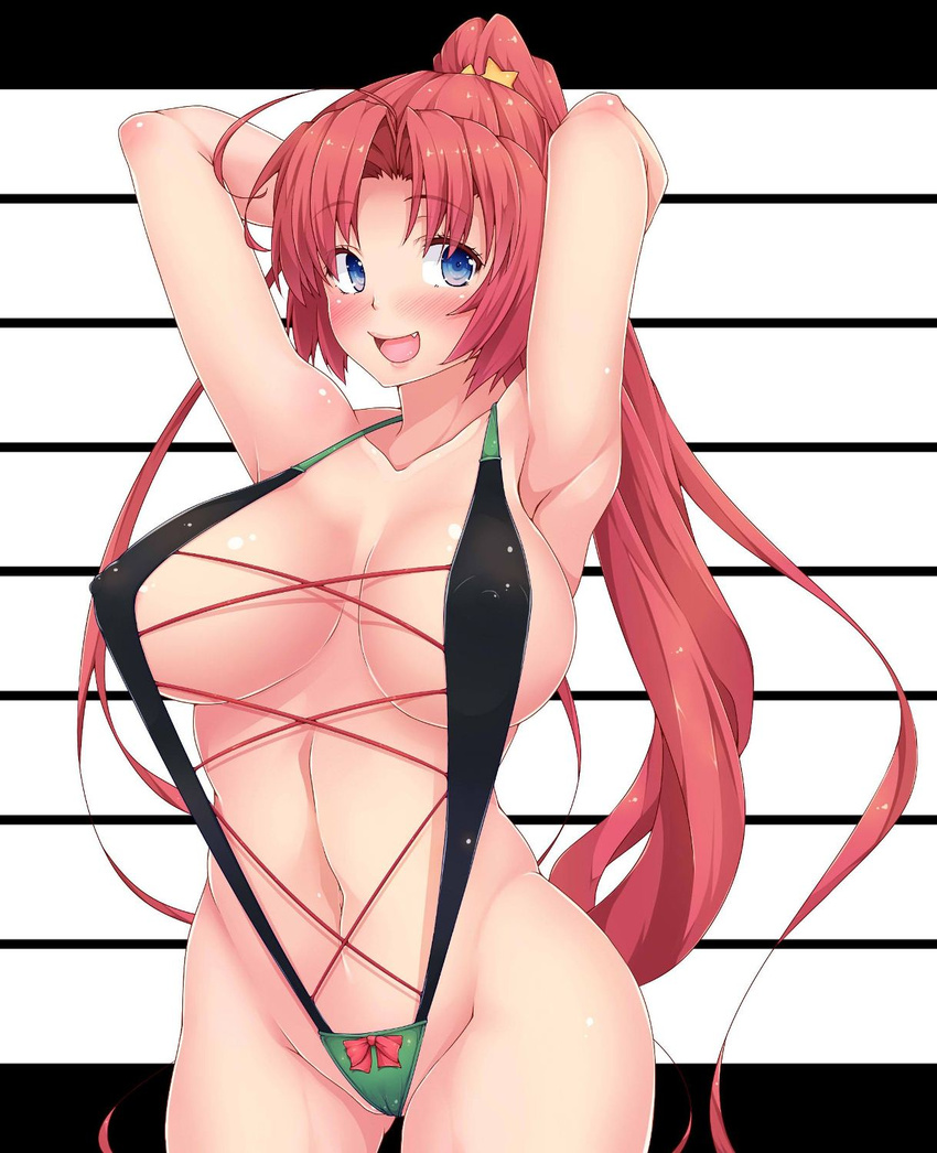 :d alternate_hairstyle ao_banana areola_slip areolae armpits arms_behind_head arms_up blue_eyes blush breasts cameltoe covered_nipples fang hair_ornament highres hong_meiling jpeg_artifacts large_breasts long_hair navel open_mouth outstretched_arms ponytail puffy_nipples red_hair slingshot_swimsuit smile solo star swimsuit tongue touhou