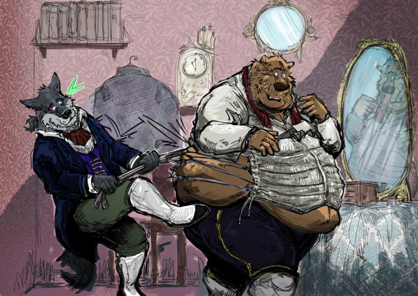 anthro aokmaidu belly belly_overhang big_belly big_butt brown_bear brown_fur butt canine clock clothed clothing corset detailed_background duo fur grey_fur inside lingerie love_handles male mammal midriff mirror obese obese_male open_mouth overweight overweight_male reflection squish standing struggling teeth thick_thighs tongue ursine wolf