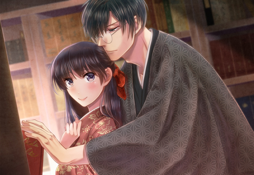 1girl adam's_apple adam's_apple black_hair blush book bookshelf bow brown_eyes glasses hair_bow hand_up indoors izumi_(stardustalone) japanese_clothes kimono leaning_forward long_hair original red_kimono renri_no_chigiri_wo_kimi_to_shiru smile upper_body