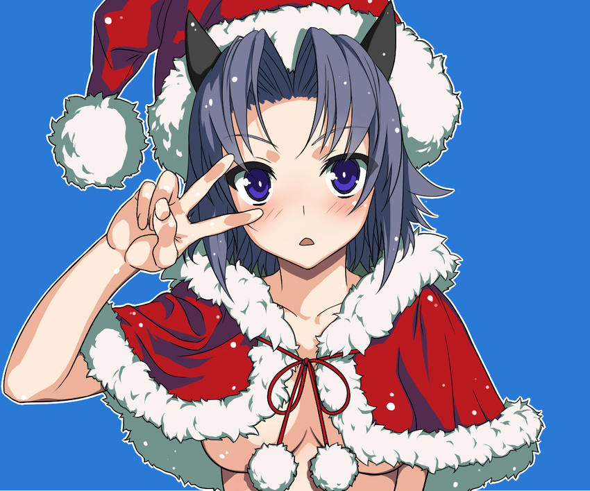 animal_ears barbankur_sur_ascension black_hair blue_background blue_eyes blue_hair blush breasts capelet cat_ears christmas d: hat mahan maou_no_kuse_ni_namaiki_da! medium_breasts open_mouth purple_eyes santa_hat solo underboob v