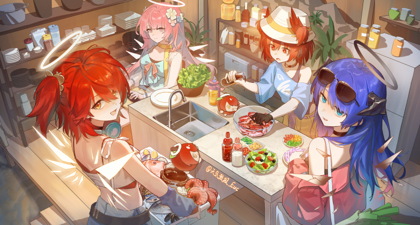4girls absurdres alternate_costume animal_ears arknights bird_ears bird_girl black_gloves black_halo blue_eyes blue_hair commentary_request demon_horns detached_wings energy_wings exusiai_(apple)_(arknights) exusiai_(arknights) exusiai_the_new_covenant_(arknights) faucet fiammetta_(arknights) fish flower food gloves hair_between_eyes hair_flower hair_ornament halo hat headphones headphones_around_neck highres horns indoors kitchen lemuen_(arknights) lettuce long_hair looking_at_viewer meat medium_hair mostima_(arknights) multiple_girls octopus open_mouth pink_eyes pink_hair plate red_eyes red_hair refrigerator salad tianqiyubao_euc traditional_halo white_halo white_hat wings yellow_eyes