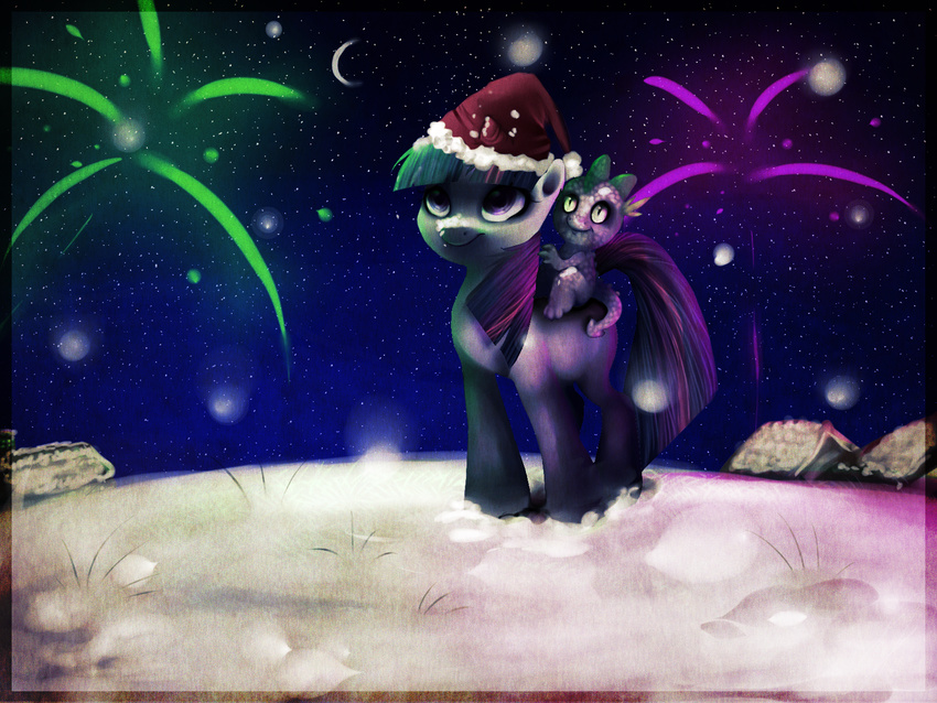 christmas detailed_background dragon duo equine female feral fireworks friendship_is_magic green_eyes hair hat holidays horse house imalou male mammal moon my_little_pony outside pink_hair pony purple_eyes purple_hair santa_hat slit_pupils smile snow spike_(mlp) stars twilight_sparkle_(mlp) two_color_hair two_tone_hair