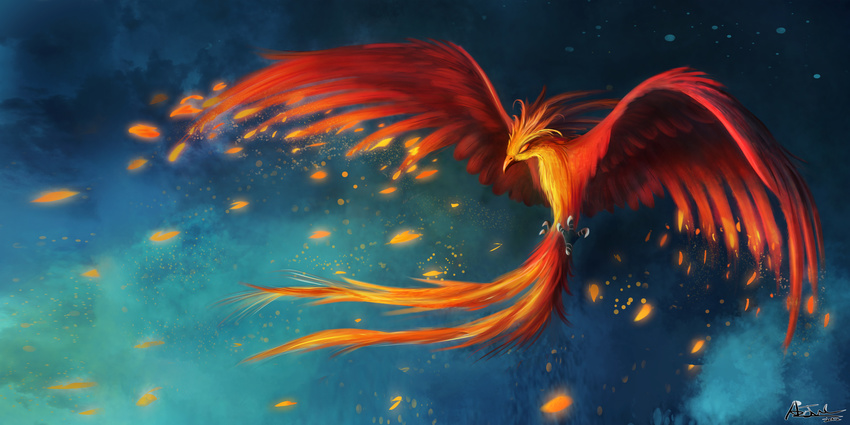 abstract_background absurd_res aeronjvl ambiguous_gender avian beak bird blue_background claws eyes_closed feathers female feral flying friendship_is_magic hi_res my_little_pony night orange_body philomena_(mlp) phoenix plain_background solo spread_wings wallpaper wings