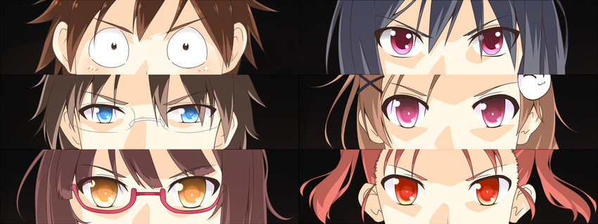 4girls accel_world aqua_current arita_haruyuki black_hair blue_eyes brown_hair dacchi eyes glasses hair_ornament hairclip highres kouzuki_yuniko kurashima_chiyuri kuroyukihime mayuzumi_takumu multiple_boys multiple_girls parody persona persona_eyes pink_eyes purple_eyes red_eyes red_hair short_twintails twintails yellow_eyes