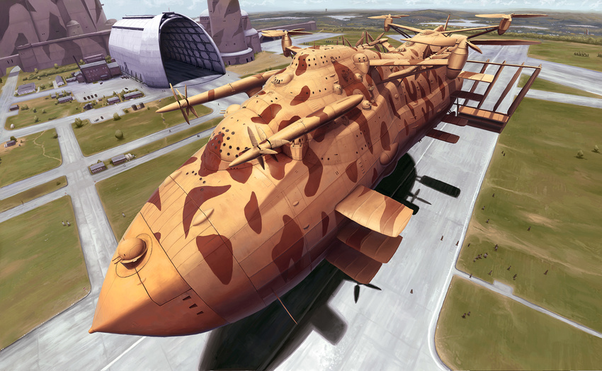 aircraft airship amazing armor flying_fortress gun hangar hi_res laputa_castle_in_the_sky lyc military outside perspective ranged_weapon runway weapon