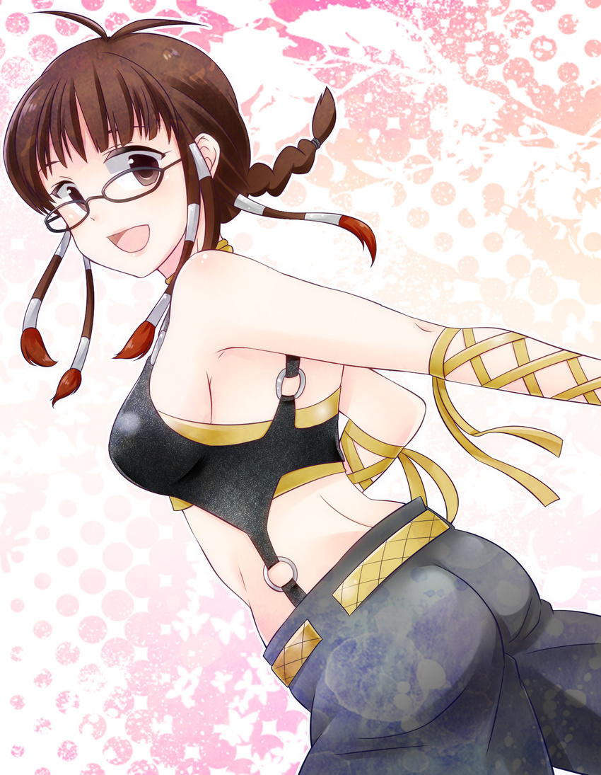 :d akizuki_ritsuko ass bare_shoulders belt breasts brown_eyes brown_hair cool_&amp;_sexy_(idolmaster) glasses highres idolmaster idolmaster_(classic) kiyo3270 looking_back medium_breasts open_mouth ribbon smile solo