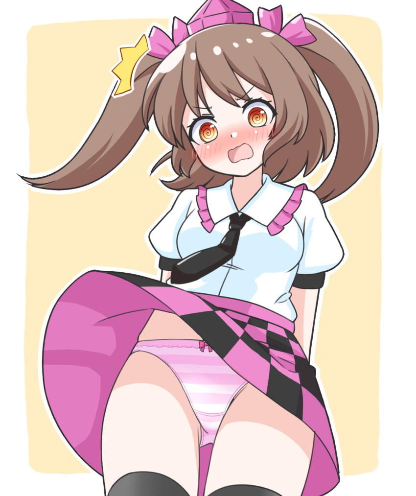 1girl ^^^ arms_behind_back black_necktie black_skirt black_thighhighs blush bow bow_panties breasts brown_eyes brown_hair checkered_clothes checkered_skirt clothes_lift collared_shirt commentary_request frilled_shirt_collar frills hair_bow hat highres himekaidou_hatate long_hair looking_at_viewer necktie open_mouth panties pink_bow pink_hat pink_skirt puffy_short_sleeves puffy_sleeves shirt short_sleeves skirt skirt_lift small_breasts solo striped_clothes striped_panties thighhighs tokin_hat touhou twintails two-tone_skirt underwear white_shirt wind wind_lift yellow_background zenji029