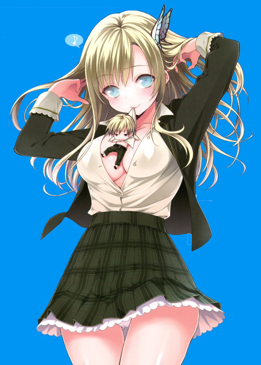 1girl blonde_hair blue_eyes boku_wa_tomodachi_ga_sukunai breasts butterfly_hair_ornament chibi cleavage hair_ornament hands_in_hair hasegawa_kodaka highres kashiwazaki_sena kisaragi_mizu large_breasts lips long_hair mouth_hold musical_note open_clothes open_shirt panties school_uniform shirt skirt st._chronica_academy_uniform underwear