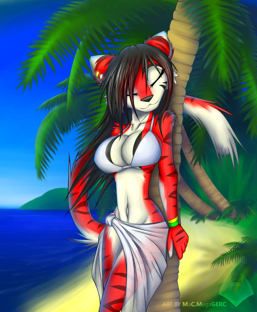 big_breasts bikini bracelet breasts cherry_(macmegagerc) clothed clothing eyes_closed feline female fur jewelry macmegagerc mammal navel red_fur sarong seaside skimpy solo swimsuit tiger translucent