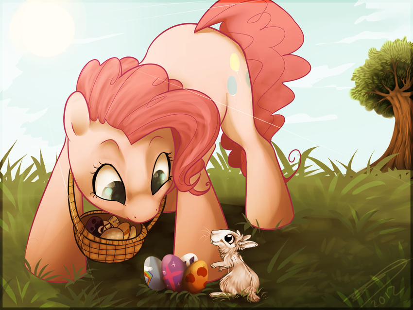 basket blue_eyes cutie_mark detailed_background easter egg equine eye_contact female feral friendship_is_magic grass hair holidays horse imalou lagomorph mammal my_little_pony pink_hair pinkie_pie_(mlp) pony rabbit sun tree wood