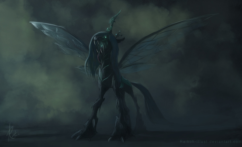 changeling cool_colors equine fangs female feral friendship_is_magic green_background green_eyes green_hair hair hi_res holes horn horse long_hair my_little_pony plain_background pony queen_chrysalis_(mlp) raikoh-illust simple_background solo wings