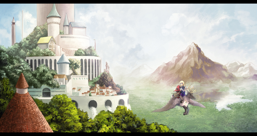 animal blonde_hair castle cloud day deer landscape mountain pixiv_fantasia pixiv_fantasia_sword_regalia rackety scenery sky solo tree