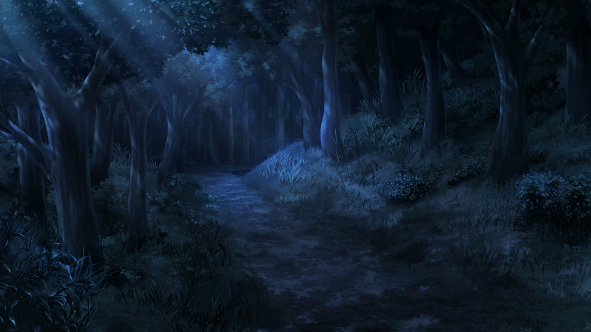 absurdres artist_request bush dark forest game_asset grass highres light_rays nature night no_humans non-web_source outdoors path scenery sunbeam sunlight third-party_source touhou touhou_spell_carnival tree