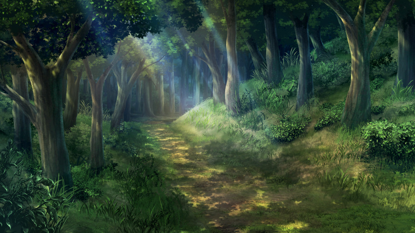 absurdres artist_request bush dappled_sunlight day forest game_asset grass highres light_rays nature no_humans outdoors path scenery sunbeam sunlight third-party_source touhou touhou_spell_carnival tree