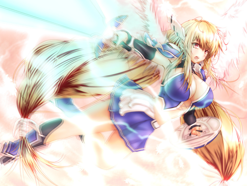 armor armpits astraea breasts cleavage highres huge_breasts long_hair low-tied_long_hair open_mouth peroshiti_aniki red_eyes shield solo sora_no_otoshimono sword very_long_hair weapon white_wings wings