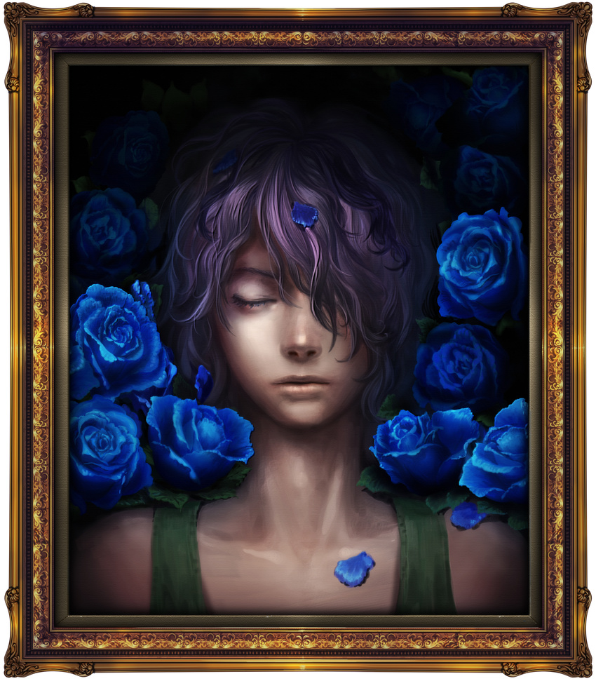 absurdres bad_end bad_id bad_pixiv_id blue_flower blue_rose closed_eyes faux_traditional_media flower frame garry_(ib) hair_over_one_eye highlights highres ib lips male_focus multicolored_hair petals portrait portrait_(object) purple_hair realistic rose rose_petals solo yuanmaru