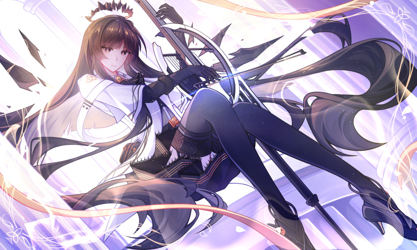 1girl absurdly_long_hair absurdres architecture arknights ascot backlighting belt belt_buckle belt_pouch black_ascot black_belt black_eyes black_garter_straps black_gloves black_hair black_halo black_shoes black_skirt black_thighhighs black_wings bloom blunt_bangs bow_(music) breasts bright_pupils broken_halo buckle bustier buttons cello closed_mouth collared_jacket column commentary corrupted_halo detached_wings dress_shirt dutch_angle energy_wings eyelashes floating floating_hair from_side full_body garter_straps gloves grey_hair grey_shirt halo hands_up high_heels highres hime_cut holding holding_bow_(music) holding_instrument holding_violin indoors instrument jacket layered_sleeves legs light_particles light_rays light_smile long_hair long_sleeves looking_at_viewer miniskirt mole mole_under_eye multicolored_hair musical_staff pale_skin pennnty pillar playing_instrument pleated_skirt pouch russian_commentary shadow shirt shoes short-sleeved_jacket short_over_long_sleeves short_sleeves sidelocks sitting skirt smile solo straight_hair strap strappy_heels sunlight thighhighs thighs two-tone_hair very_long_hair violin virtuosa_(arknights) white_jacket white_pupils wide_sleeves window wing_collar wings yellow_pupils zettai_ryouiki