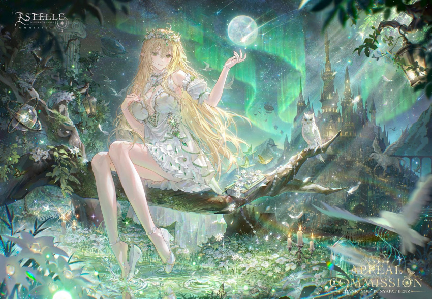 1girl aircraft airship armpits artist_request aurora beads bird blonde_elf_(prab1901) blonde_hair book breasts bridge bug butterfly candle candlelight candlestand castle city city_lights cleavage closed_mouth collar column commission diamond_(shape) dot_nose dress elf english_text falling_feathers fantasy feathers field floating_hair flower flower_field frilled_collar frilled_dress frills full_body full_moon gem glint grass green_eyes green_gem griffin hand_on_own_chest hand_up head_wreath high_heels highres lantern large_breasts latin_text laurel_crown light_smile long_hair looking_at_viewer moon mountainous_horizon nature night original owl pillar pointy_ears river ship shoes sitting sitting_on_branch sky solo star_(sky) starry_sky thai_commentary thank_you toe_dipping tree water watercraft white_dress white_flower white_lily white_shoes