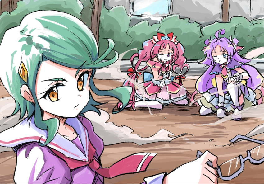 3girls ahoge blue_eyes bow bush closed_mouth commentary cure_answer cure_mystique double_bun dress dust glasses gloves green_hair hair_bow hair_bun hair_ornament heart highres holding holding_removed_eyewear kaneda_rei long_hair looking_at_viewer magical_girl meitantei_precure! multiple_girls on_one_knee one_eye_closed orange_eyes outdoors pink_dress pink_eyes pink_hair precure purple_hair sailor_collar school_uniform short_hair twintails unworn_eyewear uraki very_long_hair white_gloves