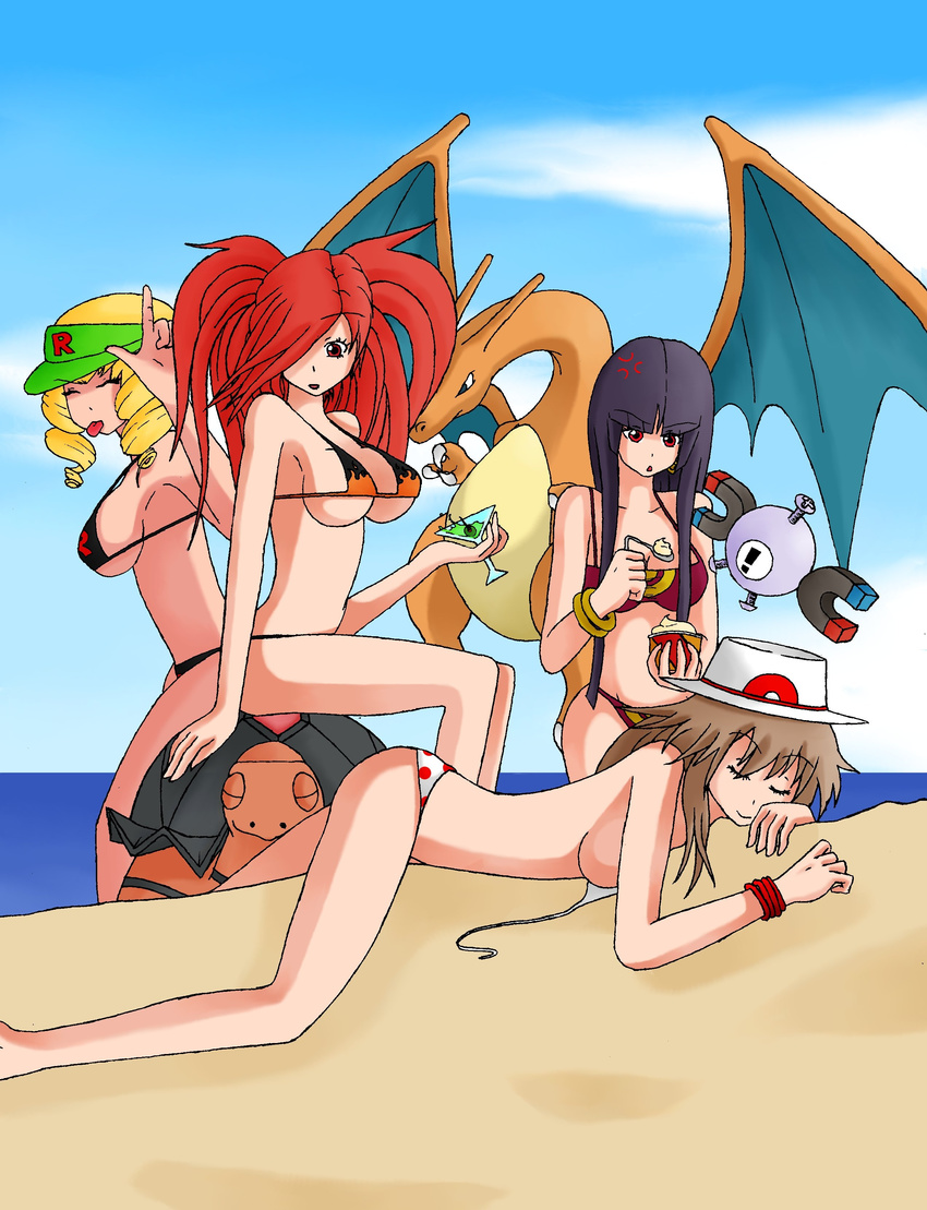 big_breasts bikini black_hair blonde_hair breasts charizard clothed clothing domino_(pokemon) female flannery hair hat human leaf_(pokemon) magnemite mammal manhunterj martini nintendo orange orange_body pok&#233;mon pok&eacute;mon red_hair sabrina seaside skimpy spoon swimsuit torkoal video_games wings