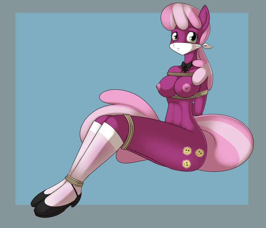 bdsm bondage bound bow breasts cheerilee_(mlp) cutie_mark equine friendship_is_magic gag green_eyes horse kloudmutt looking_at_viewer my_little_pony nude plain_background pony rope shoes sitting socks