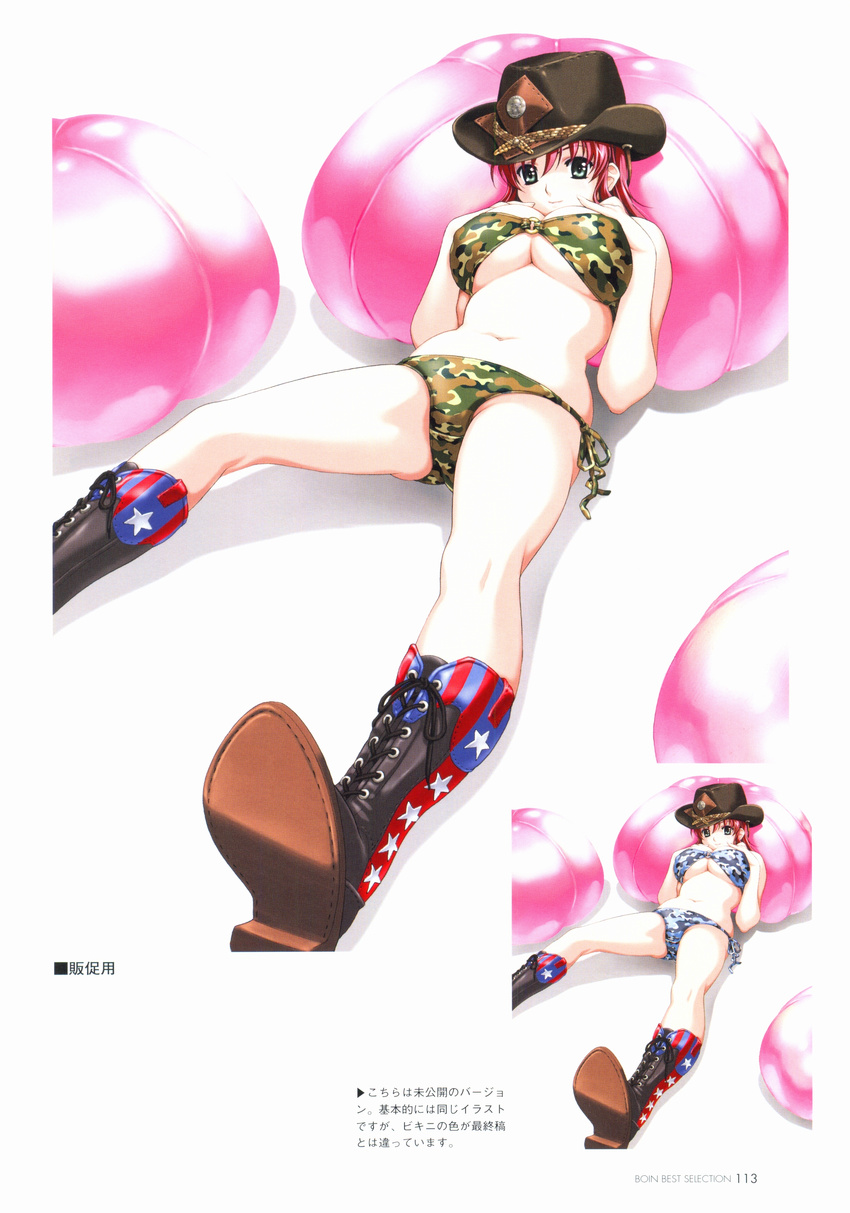 absurdres american_flag artbook bikini boin boots breast_suppress breasts camouflage camouflage_bikini cowboy_hat flag_print green_eyes happoubi_jin hat highres iihara_nao large_breasts looking_at_viewer navel o-ring o-ring_top pink_hair print_footwear side-tie_bikini solo swimsuit