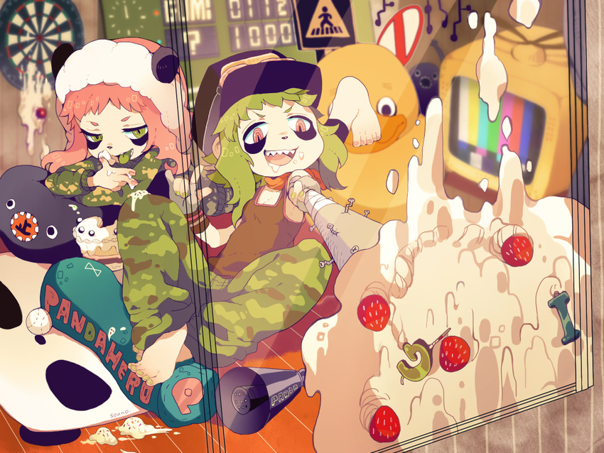 \m/ baseball_bat foreshortening goggles goggles_around_neck goggles_on_head green_eyes green_hair gumi hat multiple_girls panda_hero_(vocaloid) pink_hair red_eyes rubber_duck short_hair sitting souno_kazuki vocaloid