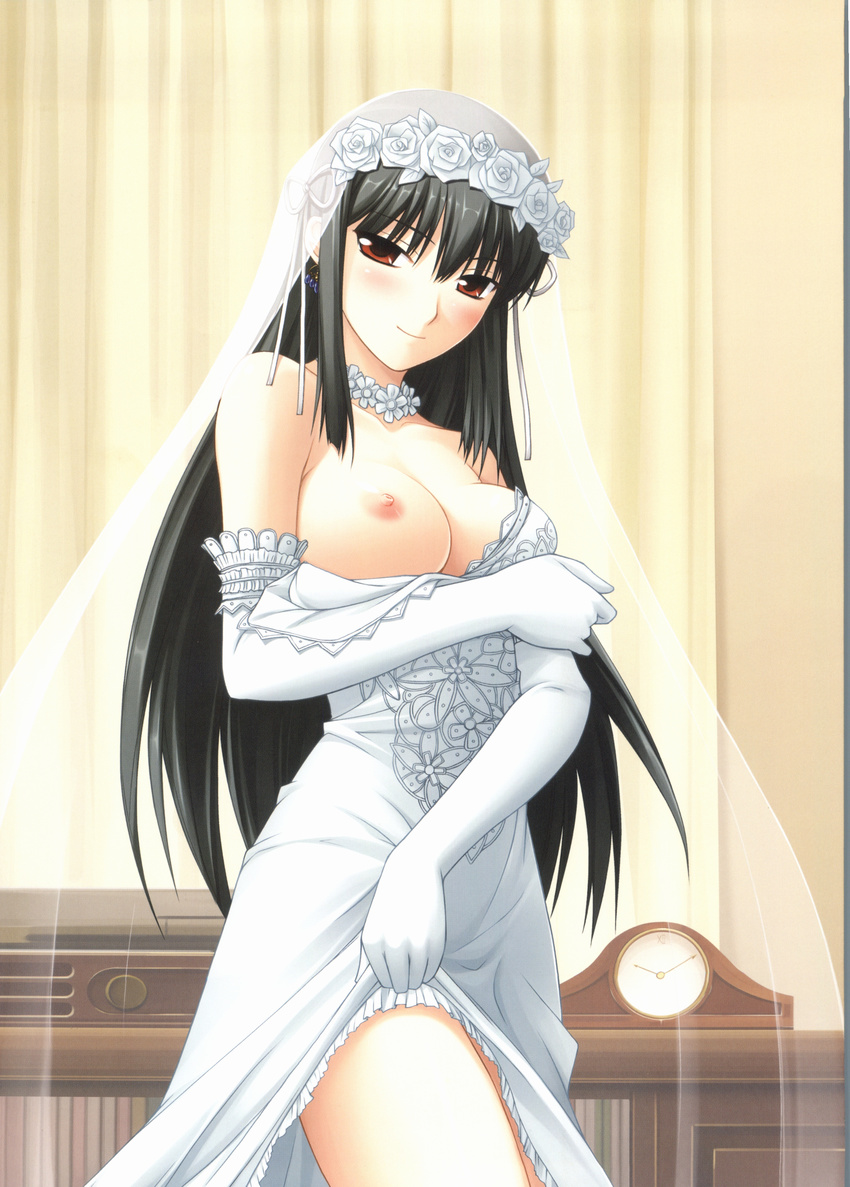 1girl absurdres blush breasts bride dress highres kimi_ga_aruji_de_shitsuji_ga_ore_de kuonji_shinra nipples wedding_dress