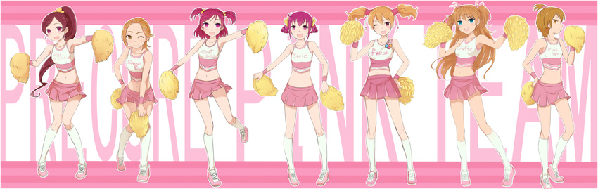 bad_id bad_pixiv_id cheerleader color_connection fresh_precure! futari_wa_precure futari_wa_precure_splash_star hanasaki_tsubomi heartcatch_precure! highres hoshizora_miyuki houjou_hibiki hyuuga_saki long_hair looking_at_viewer magical_girl midriff minatsuki_randoseru misumi_nagisa momozono_love multiple_girls navel one_eye_closed open_mouth pink pink_eyes pink_hair pom_poms ponytail precure short_hair shorts shorts_under_skirt skirt smile smile_precure! suite_precure thigh_gap twintails two_side_up verone_gakuin_cheerleader_uniform wristband yes!_precure_5 yumehara_nozomi