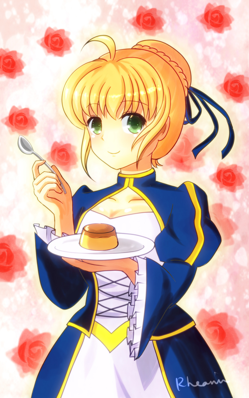 absurdres ahoge artoria_pendragon_(all) blonde_hair bloom dress fate/stay_night fate_(series) flower food green_eyes hair_ribbon highres pudding rheaniu ribbon rose saber signature smile solo spoon