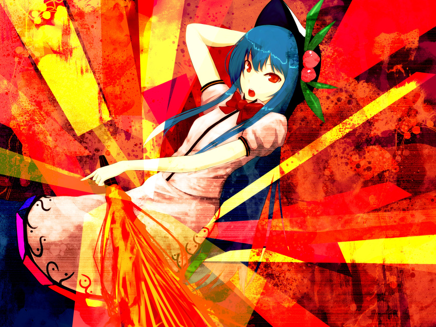absurdres bad_id bad_pixiv_id blue_hair bow food fruit hat highres hinanawi_tenshi houmatu_awa leaf long_hair long_skirt open_mouth peach red_eyes short_sleeves skirt solo sword sword_of_hisou touhou very_long_hair weapon