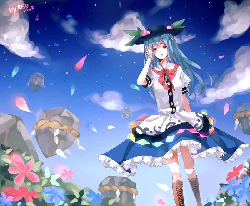 bad_id bad_pixiv_id blue_hair bow cloud flower food fruit hat highres hinanawi_tenshi keystone long_hair open_mouth peach red_(girllove) red_eyes rock rope short_sleeves sky solo star touhou very_long_hair