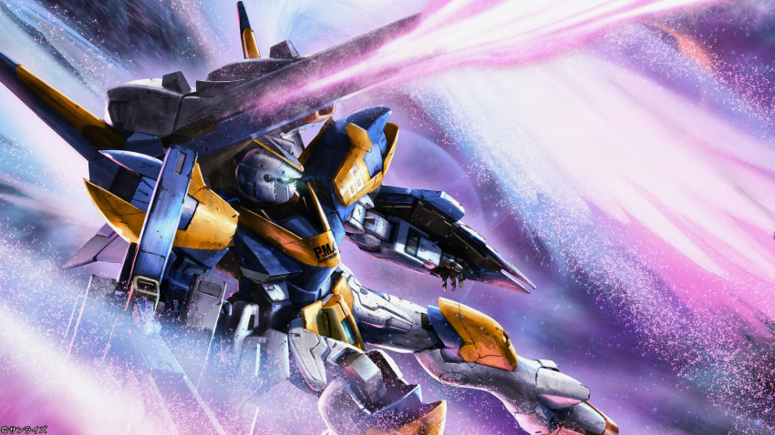 absurdres arm_shield armor armor_skirt battle beam_cannon beam_rifle blue_armor copyright_notice earth_federation energy_beam energy_cannon energy_gun energy_wings exhaust feet_out_of_frame firing from_side glowing glowing_eyes green_eyes gundam gundam_battle_operation_2 highres holding holding_energy_gun holding_weapon knee_up looking_to_the_side mecha mecha_focus mobile_suit multicolored_armor no_humans official_art robot science_fiction shoulder_armor shoulder_cannon solo space sunrise_(company) tenjin_hidetaka v-fin v2_assault-buster_gundam v2_gundam victory_gundam weapon white_armor yellow_armor zero_gravity