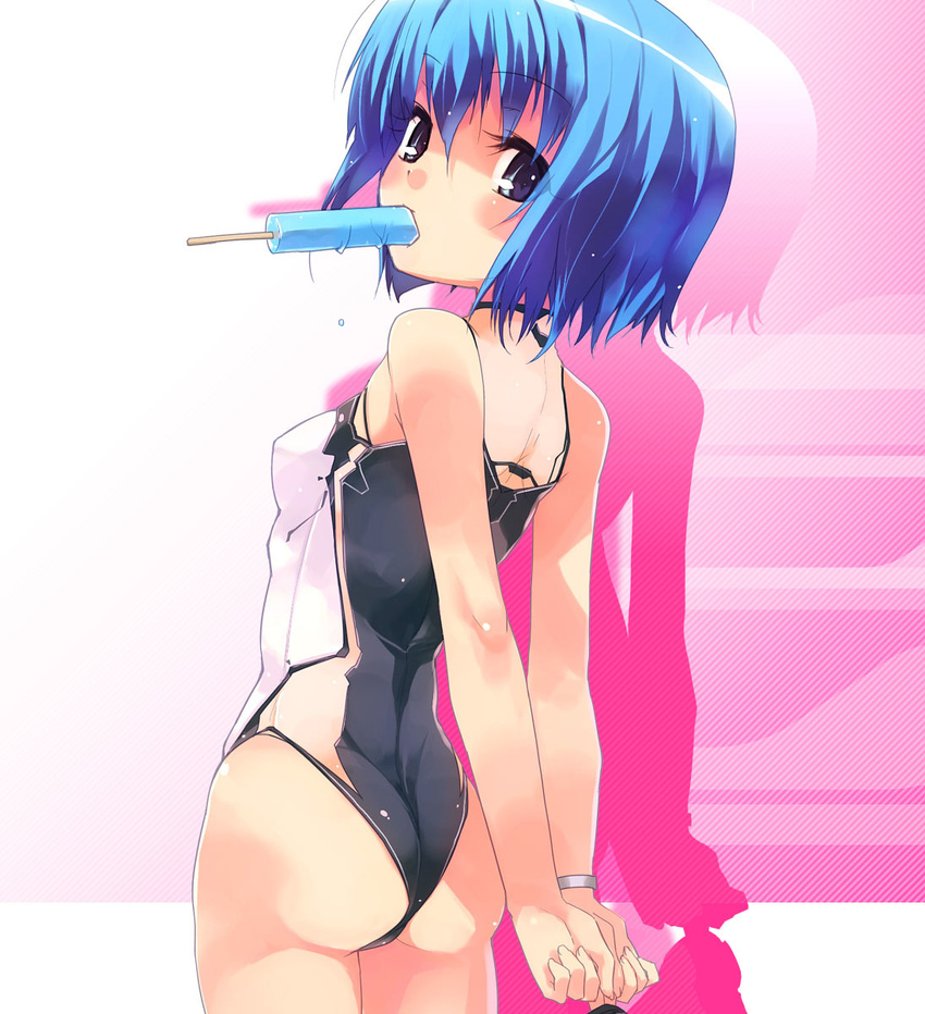 ass blue_eyes blue_hair casual_one-piece_swimsuit cropped dlsite.com duplicate elle_sweet food food_in_mouth highres looking_back one-piece_swimsuit popsicle refeia swimsuit