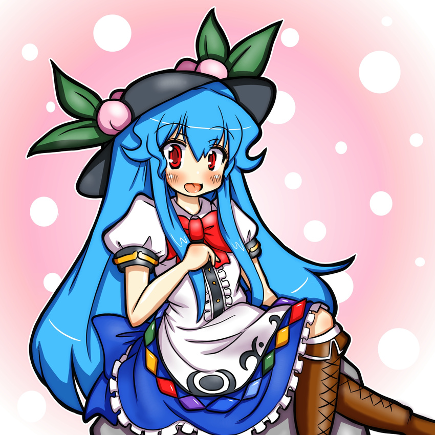 blue_hair blush bow cross-laced_footwear eruru_(erl) food frills fruit hat highres hinanawi_tenshi leaf long_hair open_mouth peach red_eyes rock short_sleeves simple_background smile solo touhou very_long_hair