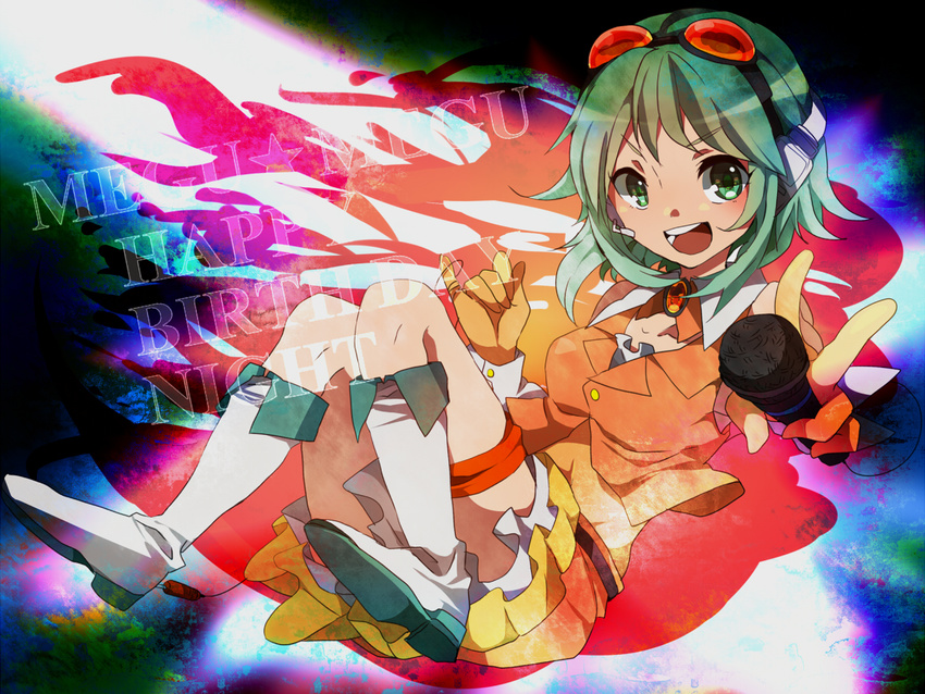 bad_id bad_pixiv_id boots dated goggles goggles_on_head green_eyes green_hair gumi happy_birthday looking_at_viewer mari03mo microphone open_mouth parody pinky_out short_hair skirt smile solo v vocaloid