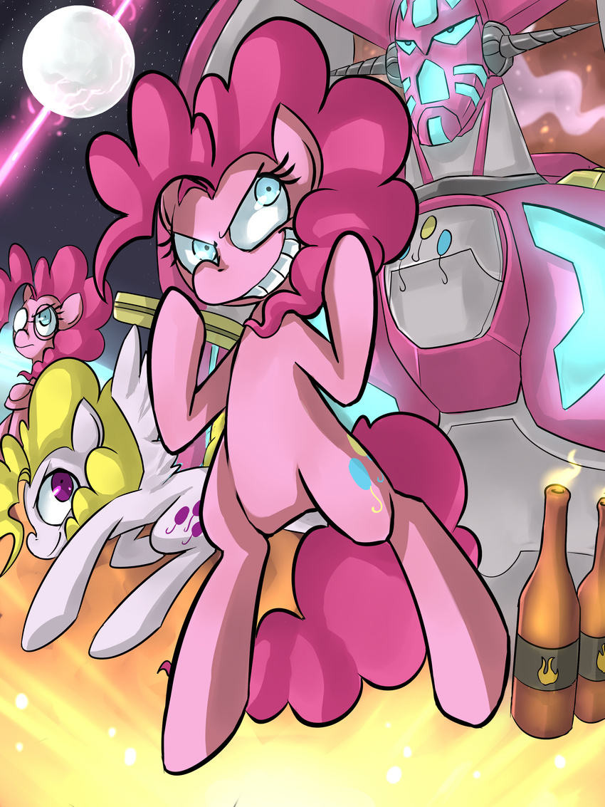 absurd_res alcohol ambiguous_gender beer beverage blonde_hair cutie_mark equine eyewear female feral fire friendship_is_magic getter_robo glasses hair hi_res horse laser machine mammal mechanical moon my_little_pony pegasus pink_hair pinkie_pie_(mlp) pony rape_face robot square_crossover surprise_(mlp) uc77 wings