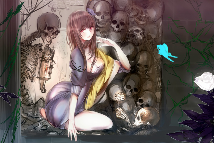 :d breasts brown_hair bug butterfly cleavage dress flower insect large_breasts long_hair open_mouth original rose skeleton skull smile solo syozui white_flower white_rose