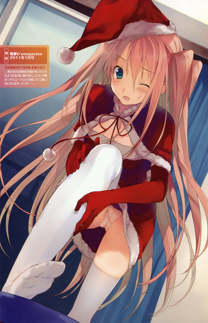 ;o absurdres akinashi_yuu blush breasts capelet christmas cleavage dengeki_moeou dutch_angle elbow_gloves fur_trim gloves green_eyes hat highres koi_to_senkyo_to_chocolate long_hair medium_breasts one_eye_closed orange_hair panties pantyshot red_capelet red_gloves red_skirt santa_costume santa_hat scan skirt solo sumiyoshi_chisato sweatdrop thighhighs two_side_up underwear very_long_hair white_legwear white_panties wince