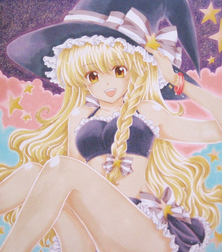 :d absurdres acrylic_paint_(medium) bangle bare_shoulders blonde_hair bow bracelet braid brown_eyes frills hat hat_bow highres jewelry kirisame_marisa long_hair marker_(medium) midriff open_mouth ribbon single_braid skirt smile solo star touhou traditional_media w0ru witch_hat