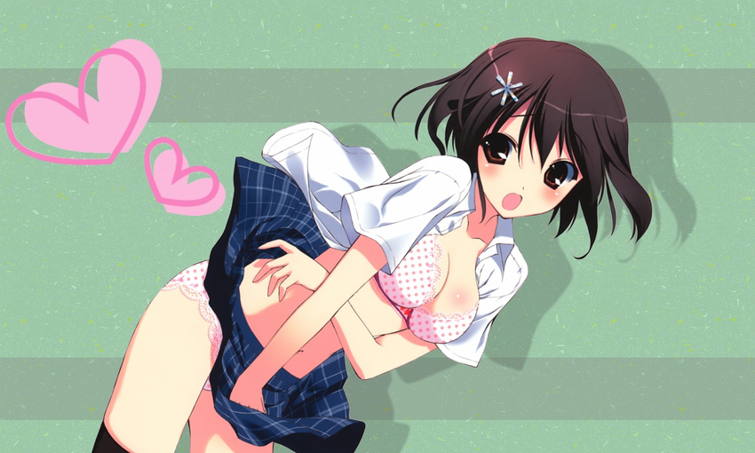 bra bra_pull breasts brown_eyes brown_hair cleavage d: fumio_(ura_fmo) heart medium_breasts navel open_clothes open_mouth open_shirt original panties pantyshot polka_dot polka_dot_bra polka_dot_panties shirt short_hair skirt skirt_lift solo thighhighs underwear wind wind_lift