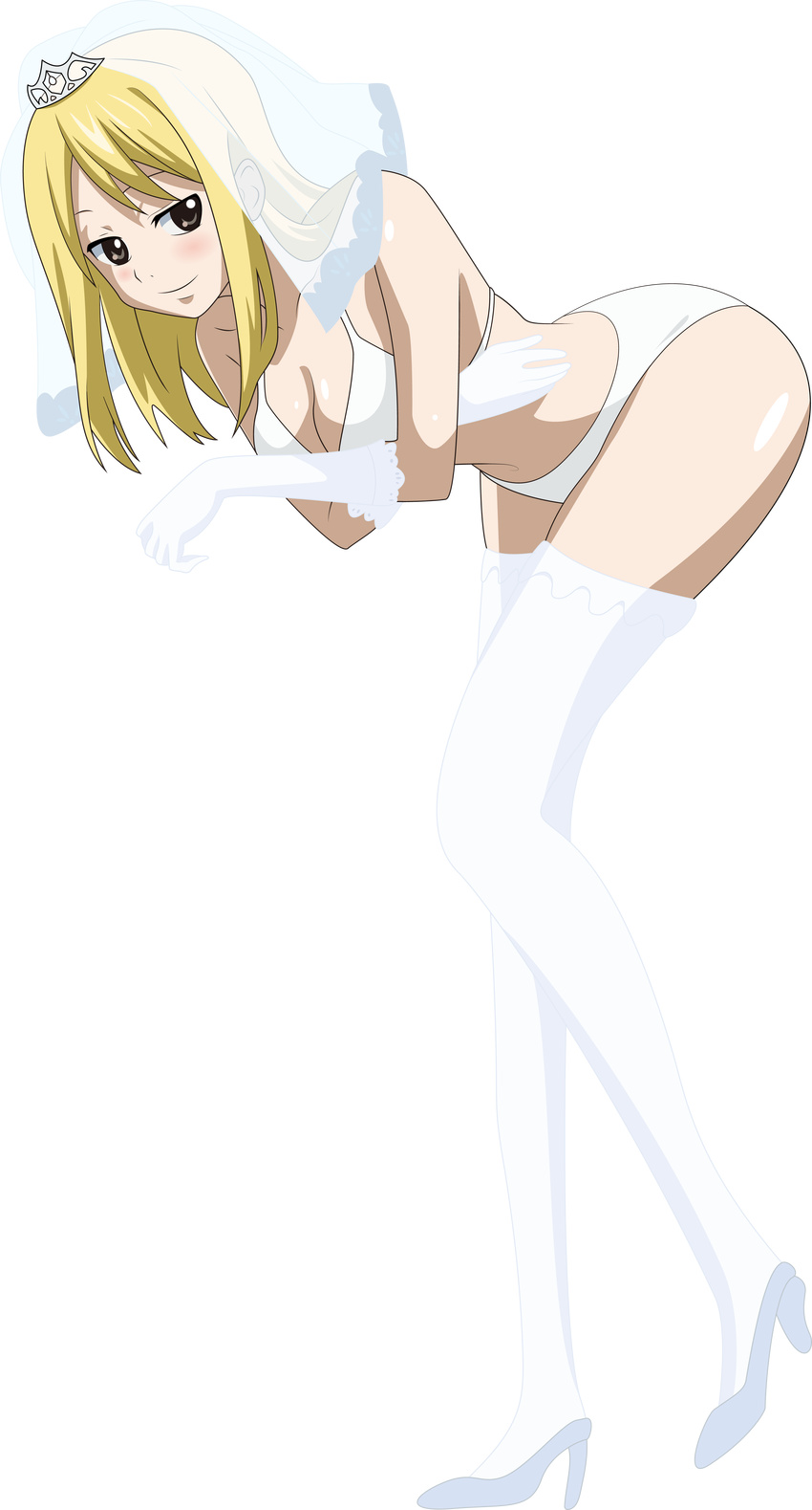 1girl absurdres bikini blonde_hair blush bride brown_eyes dress fairy_tail gloves high_heels highres lucy_heartfilia shoes solo swimsuit transparent_png vector_trace wallpaper wedding wedding_dress white_clothes