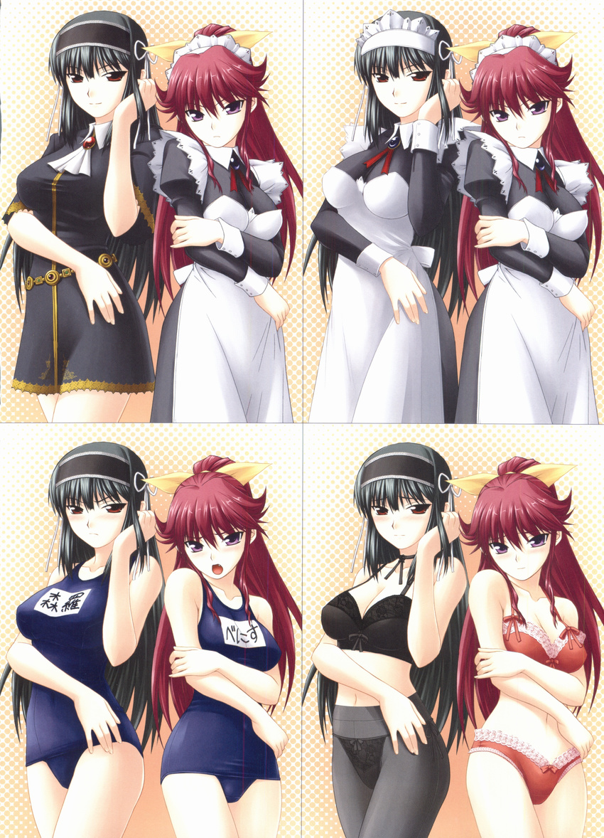 2girls absurdres black_hair blush bra breasts cleavage cosplay female highres kimi_ga_aruji_de_shitsuji_ga_ore_de kuonji_shinra large_breasts lingerie long_hair maid maid_uniform multiple_girls open_mouth panties red_hair school_swimsuit swimsuit underwear venis