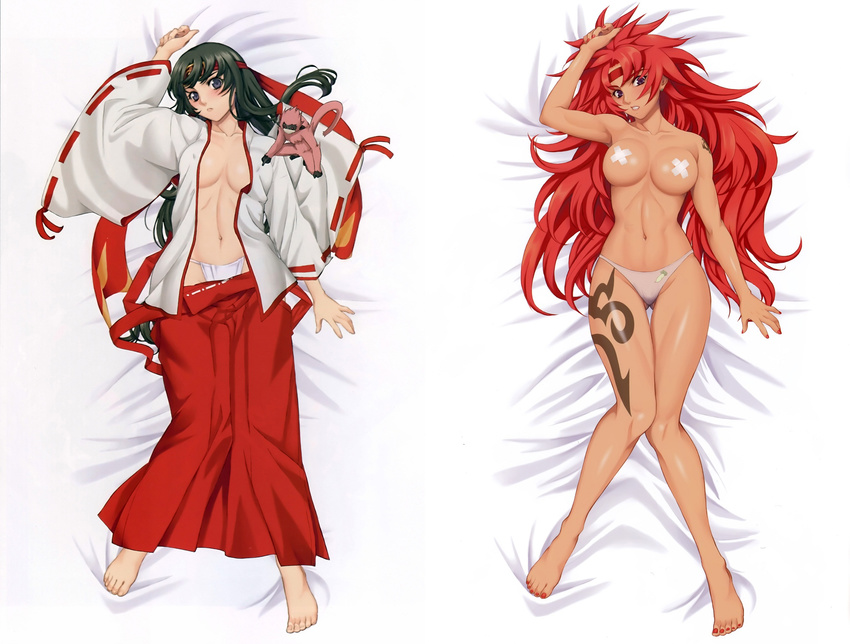 2girls black_hair breasts dakimakura eiwa female highres japanese_clothes large_breasts laying_down long_hair lying miko multiple_girls panties queen's_blade queen's_blade red_hair risty tattoo tomoe underwear