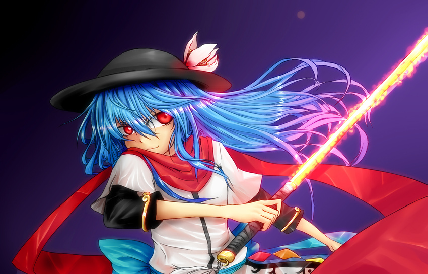 adapted_costume blue_hair flower hat highres hinanawi_tenshi judo_fuu long_hair red_eyes red_scarf scarf simple_background smile solo sword sword_of_hisou touhou weapon