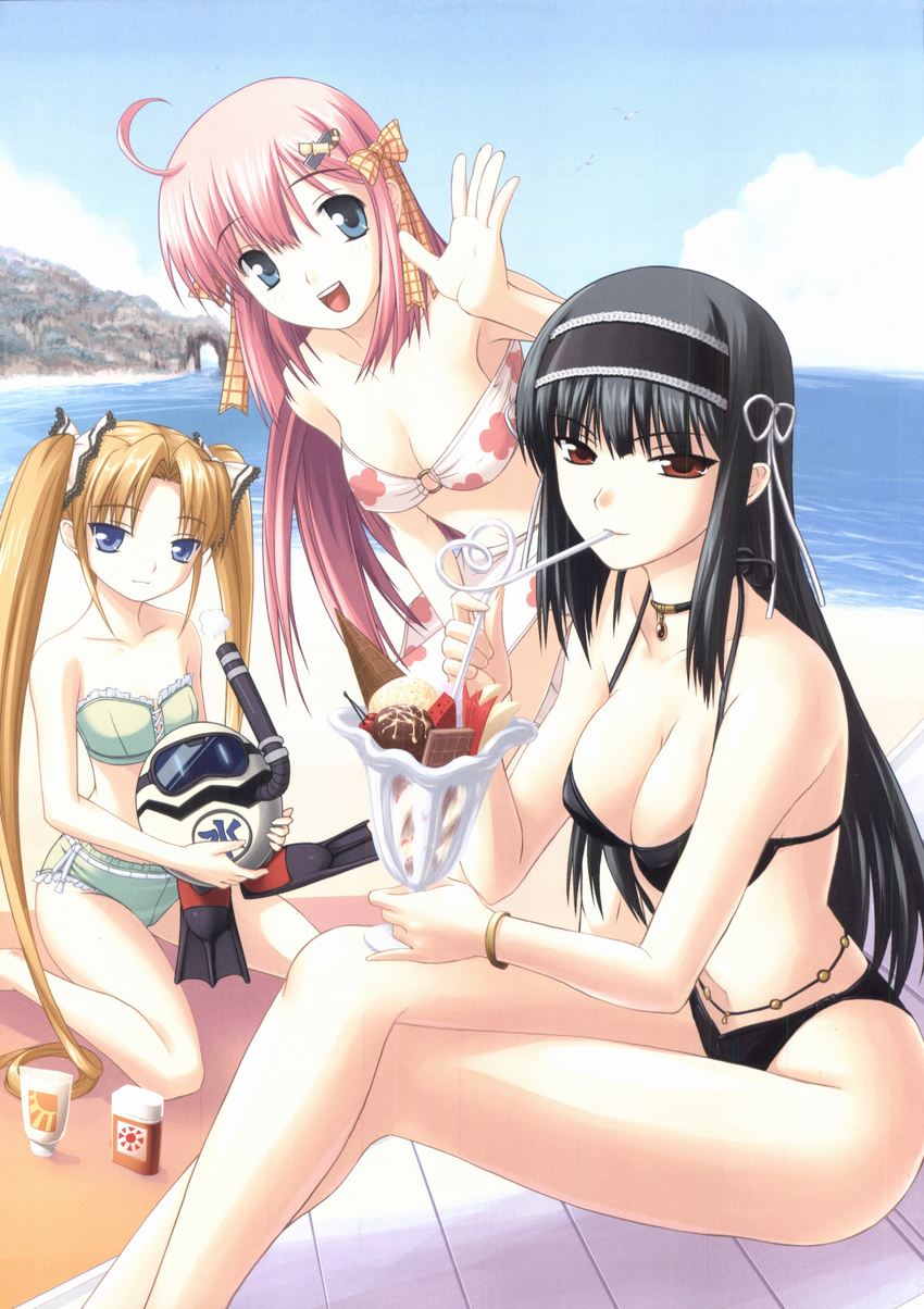 absurdres ahoge beach bikini black_bikini black_hair blonde_hair blue_eyes blue_sky breasts brown_eyes chocolate cleavage cloud flat_chest food green_bikini hair_ornament hair_ribbon highres ice_cream kimi_ga_aruji_de_shitsuji_ga_ore_de kneeling kuonji_miyu kuonji_shinra kuonji_yume large_breasts long_hair multiple_girls open_mouth pink_hair ribbon sand siblings sisters sitting sky smile straw swimsuit twintails water