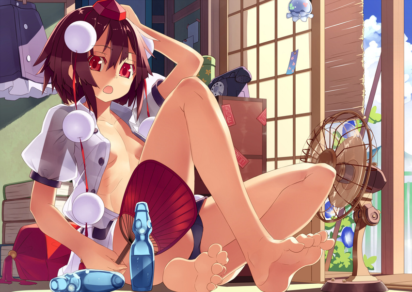 bare_legs bare_shoulders barefoot black_hair black_panties book_stack bottle breasts cleavage corded_phone electric_fan fan feet flower hand_on_own_head hat hot indoors looking_at_viewer mikan_(bananoha) morning_glory no_bra no_pants ofuda open_mouth panties paper_fan phone ramune red_eyes rotary_phone see-through shameimaru_aya shirt sitting small_breasts soles solo summer toes tokin_hat touhou uchiwa underwear wet wet_clothes wet_shirt wind_chime
