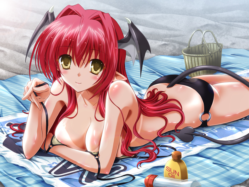 ahoge areolae basket bat_wings bikini black_bikini blush breasts cleavage collarbone demon_tail head_wings koakuma large_breasts long_hair looking_at_viewer lotion lying o-ring o-ring_swimsuit on_stomach pointy_ears red_hair shiny shiny_skin smile solo sunscreen swimsuit tail tan tanline touhou towel wings yamu_(reverse_noise) yellow_eyes