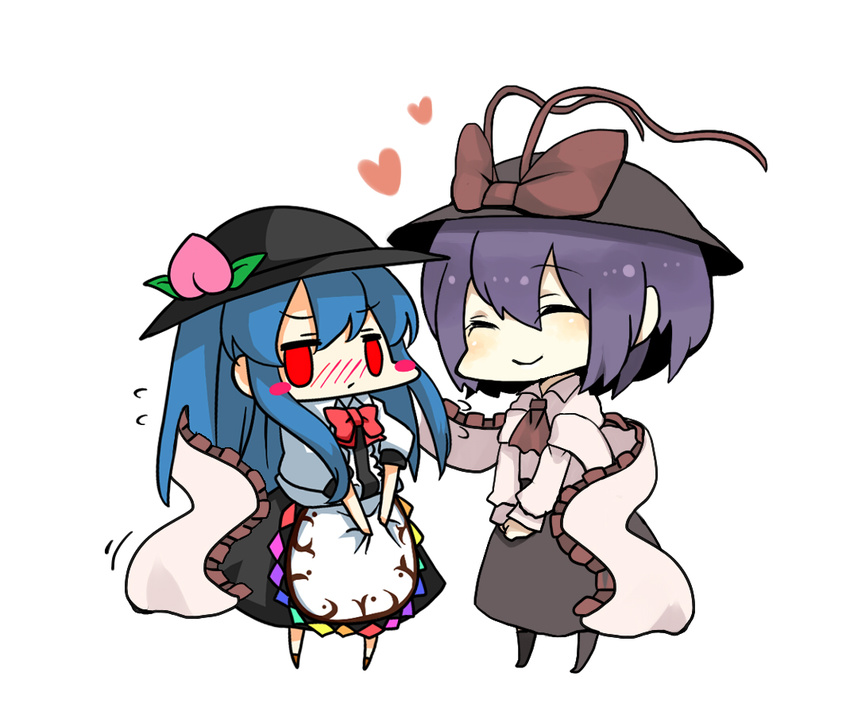 ascot blue_hair blush blush_stickers bow closed_eyes food fruit hat hat_bow heart hinanawi_tenshi leaf long_hair long_skirt multiple_girls nagae_iku ototachibana_rai peach purple_hair red_eyes shawl short_hair simple_background skirt touhou very_long_hair